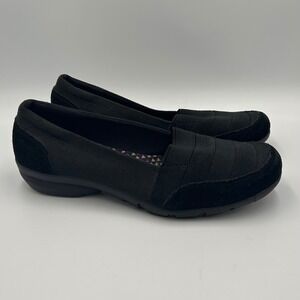 Skechers Slip On Loafer Relaxed Fit Women 7.5 Memory Foam Leather Trim Black EUC